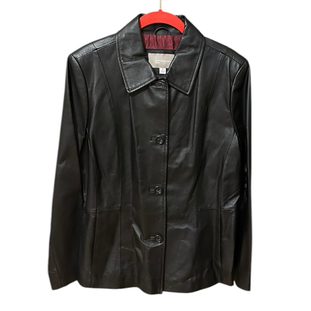 Women’s Leather Black Button Up Blazer Jacket Medium Croft & Barrow Pockets EUC